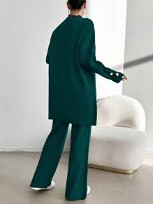 EURMUSE 2pcs Women Winter Casual Solid Color Drop Shoulder Sweater And Ankle Length Pants Set - Dark Green - View 2