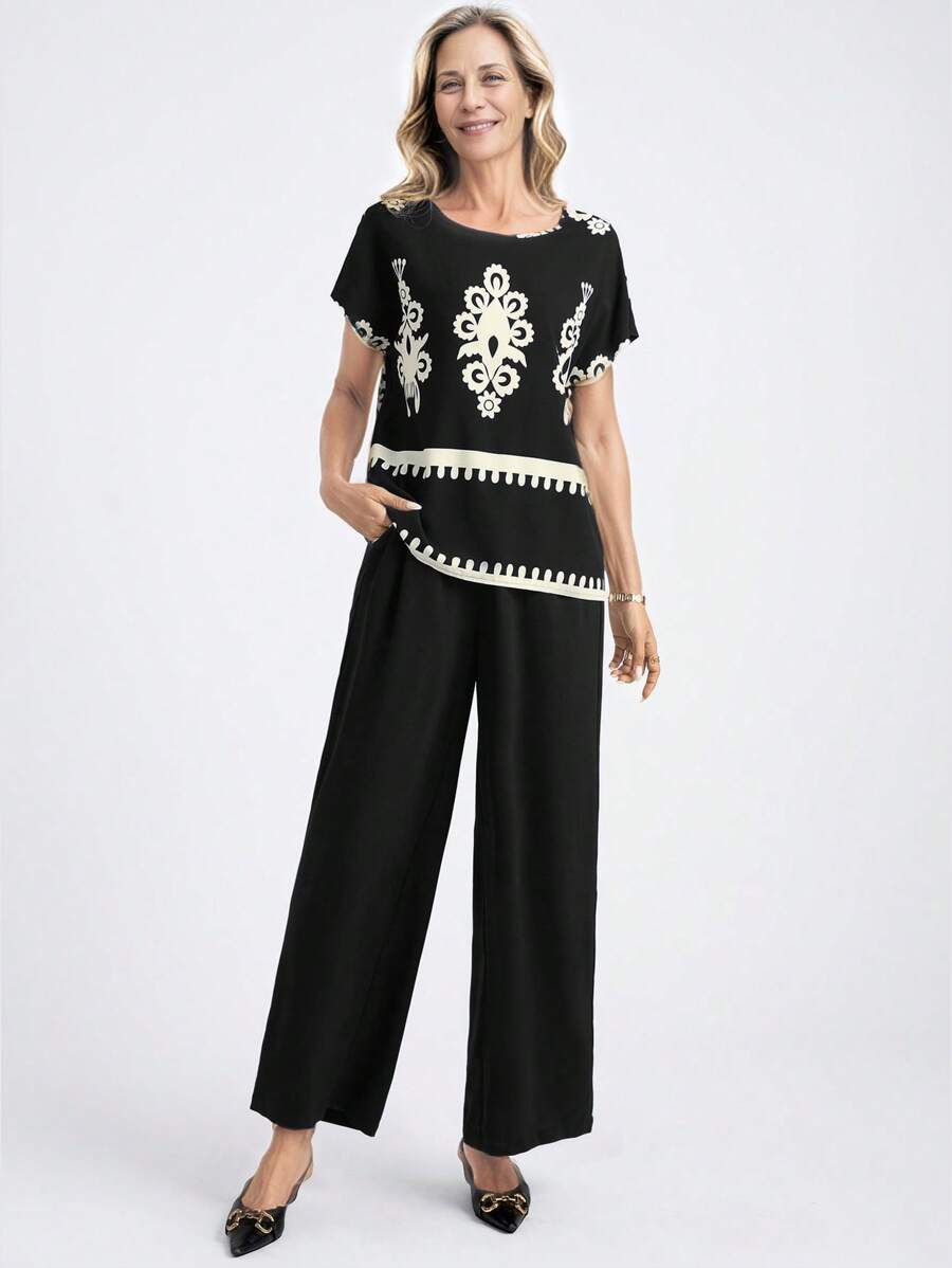 Miaspire Ladies' Spring/Summer Bohemian-Style Printed Top & Casual Solid Color Pants Set, Suitable For Beach Vacations - Black - View 1
