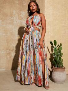 SHEIN SXY Vestido de verano de moda sencillo con escote de halter y calado para tallas grandes