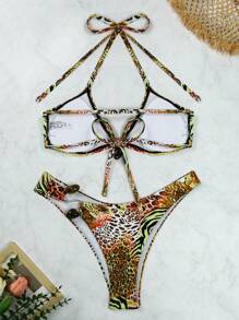 SHEIN Swim 女士性感豹纹比基尼套装，随机花卉印花，系带吊带设计，沙滩泳装套装 - 黃色 - 查看 2