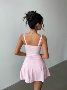 Calvaya Pink Spaghetti Strap Waist Ruffle Short Sports Dress For Women