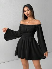 SHEIN PETITE Vestido blanco con volantes en los hombros, mangas abullonadas con flecos y mangas campana