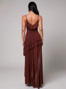Silquee Early Spring & Summer Solid Brown Sexy, Romantic Valentine's Day & Date Dress, Elegant Women's Solid Color Asymmetric Ruffle Collar, Asymmetric Hem Spaghetti Strap Dress, Valentine's Day Dress, Party Dress, Romantic Date Dress, Bridesmaid Mini Dress, Ball Gown Dress, Casual Commuter Dress, Red Dress, Birthday Mini Dress, Holiday Outfit, Daily Vacation Wear, Suitable For Spring Break Vacation, Beach Vacation, Flowing Dress,Country - Brown - View 2