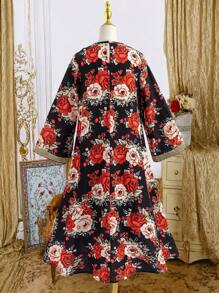 Túnica tipo kaftan modesta con cinturón dorado para niña preadolescente, vestido holgado con estampado floral retro, atuendo tradicional de vacaciones - Negro - Ver 2