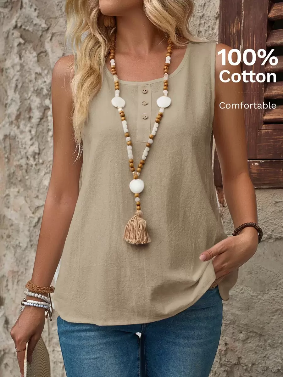 EMERY ROSE Women Casual Simple Solid Color Tank Top Cotton - Khaki - View 1