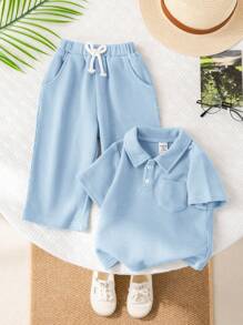 SHEIN 2 件装男婴/女婴蓝色翻领短袖亨利衫和休闲长裤套装