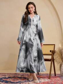 Al Najma 扎染 V 领长袖收腰飘逸连衣裙