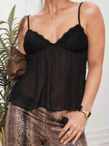 Camisa sin mangas de mujer con encaje, gasa y arnés ajustable, estilo bohemio para vacaciones - Negro - Ver 4