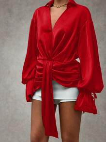 SHEIN BAE Áo thun nữ cổ tròn tay bồng xếp ly lệch màu gợi cảm cho tiệc cocktail/câu lạc bộ/tiệc rave/tiệc sinh nhật/tiệc độc thân/halloween/đi chơi đêm - Đỏ - Xem 4