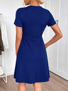 EMERY ROSE Women's Solid Color Short Sleeve V-Neck Mini Dress, Minimalist & Fashionable For Summer - Navy Blue - View 2