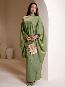 Veilorie Women's Elegant Metallic Sheen Batwing Sleeve Dress Modest Abaya For Women Kaftan Muslim Dress