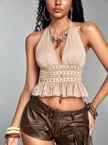 ROMWE Hippie Western Inspired Vintage Wood Bead Decor Backless Spaghetti Strap Halter Top, Cowgirl For Women - Brown - View 3