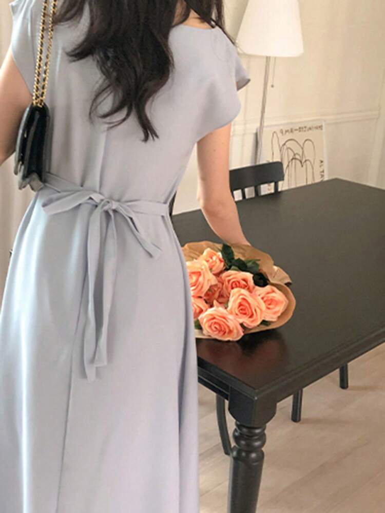 Women's Solid Color Crew Neck Pinch Pleated Fitted Short Sleeve Elegant Office Long Dress