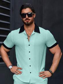 Manfinity Homme Short Sleeve Casual Shirt, Suitable For Summer, Mint Green Outfit Men