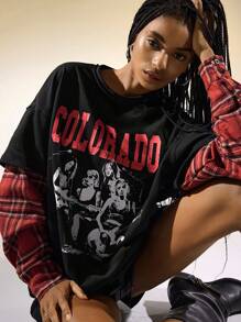 Easelle Camiseta informal de 2 piezas con estampado de figura y letra, suelta y a cuadros