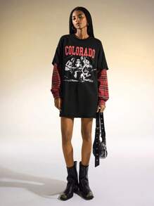 Easelle Camiseta informal de 2 piezas con estampado de figura y letra, suelta y a cuadros