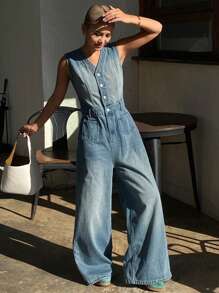 Livesso 复古水洗做旧口袋牛仔连体裤，休闲夏季西式秋季服装 - 藍色 - 查看 3