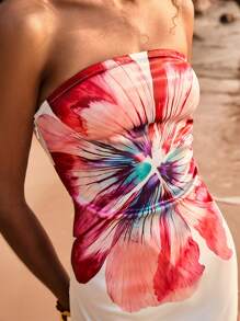 Poéselle 1 pièce Robe longue fourreau femme à imprimé floral, style plage et villégiature - Blanc - Voir 3
