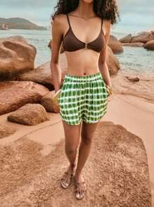 Poéselle Pantalones cortos sueltos de mujer con cintura elástica, estampado de teñido anudado y bolsillos