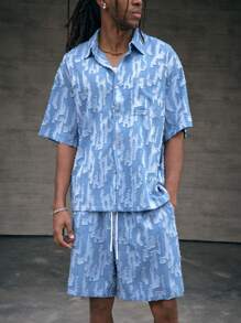 Manfinity NXTstreet 男士牛仔效果镂空刺绣宽松短袖衬衫和短裤套装，适合街头服饰 - 藍色 - 查看 5