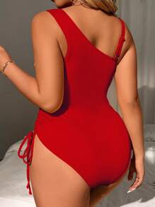 SHEIN Swim Curve 大码女式不对称领口连体泳衣，休闲修身 - 紅色 - 查看 2