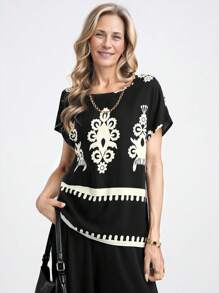 Miaspire Ladies' Spring/Summer Bohemian-Style Printed Top & Casual Solid Color Pants Set, Suitable For Beach Vacations - Black - View 5