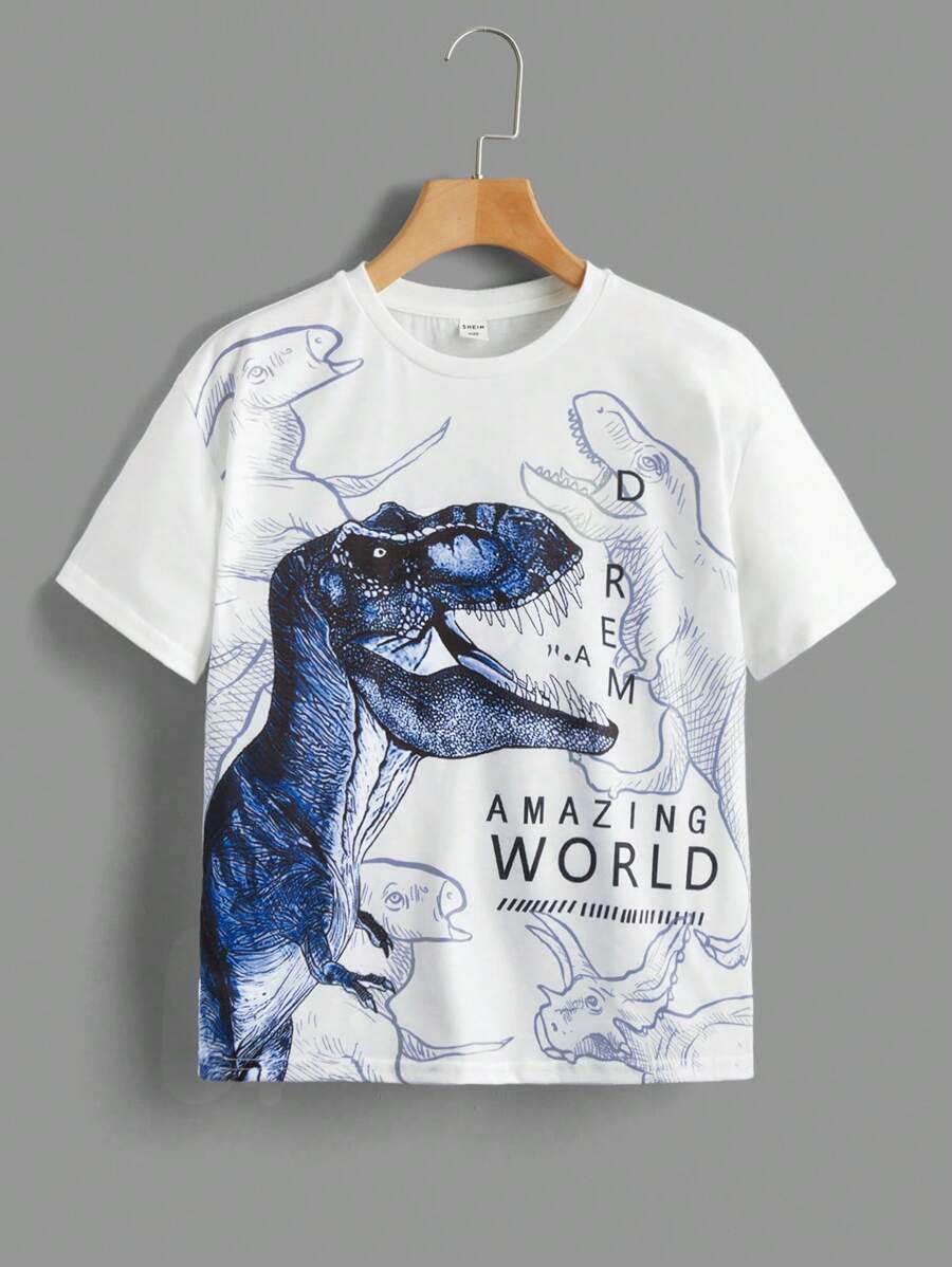 SHEIN Tween Boy Letter & Dinosaur Graphic T-Shirt, Casual Style Suitable For Summer Daily Wear - Blue - View 1