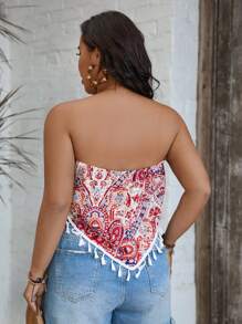 SHEIN VCAY Plus Paisley Print Tassel Trim Bandana Hem Tube Summer Top, Letnie Stroje Dla Kobiet