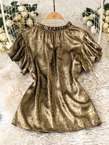 Chiquease Blusa de mujer con puños y cuello de volantes con detalle de recogido en tela de lámina - Negro - Ver 2