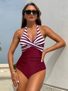 Swim Lushoire Women's Vacation Beach Striped Patchwork Backless Halter One-Piece Swimsuit For Summer - Burgundy - View 4