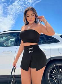 SHEIN SXY 春夏办公室优雅休闲西式服装音乐节女式黑色针织五金饰边开衩短裙 - 黑色 - 查看 5