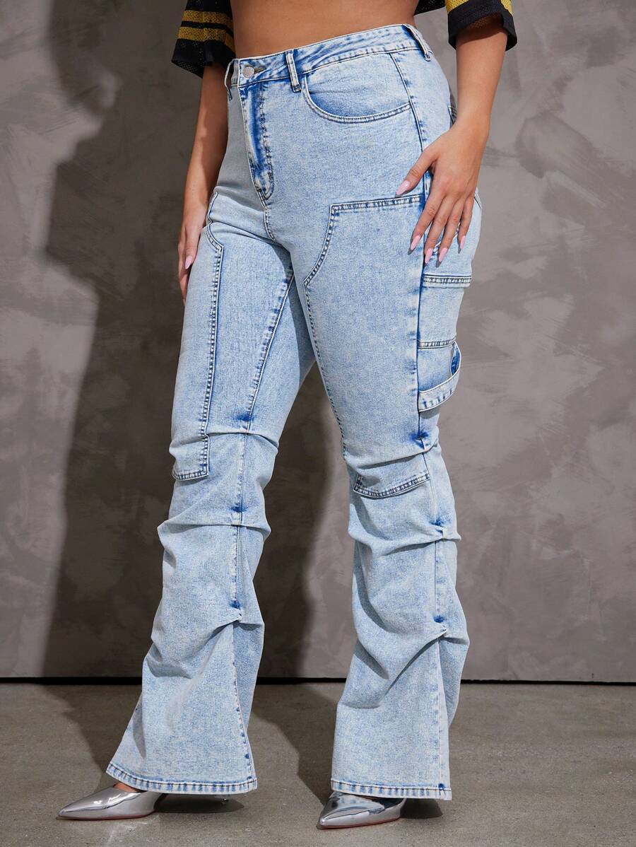 Denimoi Plus Size Fashion Washed Stacked Flare Leg Jeans - Light Wash - View 1