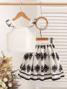 Young Girls Sets,White Cap Sleeve Top&Large Hem Printed Holiday Maxi Skirt,2Pcs Set For Summer,Matching,Family Vacation,Holiday Resort & Beach Travel - Black and White - View 3