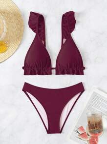 SHEIN Swim 女士度假海滩性感纯色比基尼套装 - 酒紅色 - 查看 5