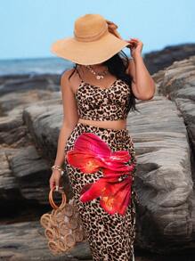 SHEIN VCAY Ensemble 2 pièces top camisole et jupe imprimé léopard grande taille, Ensemble 2 pièces d'été, Vêtements de femme pour vacances tropicales, Léopard - Marron - Voir 1