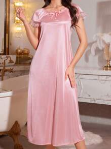 LuxeNights Embroidered Lace Patchwork Semi-Sheer Iced Silk Nightgown Babydoll Luxeloungewear - Pink - View 6