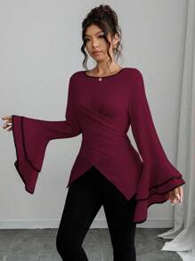 Calvaya Camicia aderente da donna con colletto alla coreana, maniche a doppio strato con volant