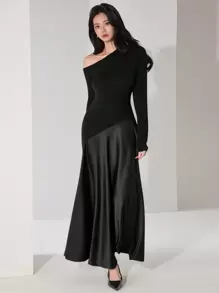 Heiryn Gaun Panjang Wanita Ultra Panjang dengan Bahu Miring, Warna Polos, Lengan Panjang, Sederhana & Modis, Cocok untuk Musim Panas - Hitam - View 3