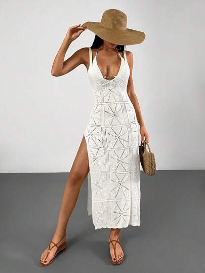 SHEIN Cottnline BACKLESS SLEVEELESS STRAP SLIT LONG DRESS COVER UP