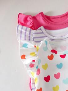 SHEIN Playful Pals Baby Girl 3pcs Set Colorful Heart Striped Ruffle Trim Crew Neck Pullover T-Shirts, Soft & Casual, Cute Spring/Summer New Arrival - Multicolor - View 8