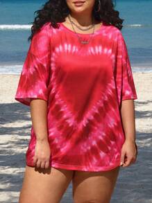 SHEIN CURVE+ Camiseta holgada con estampado de teñido anudado con forma de corazón para mujeres talla grande - Rojo - Ver 6