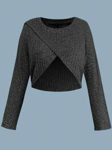 Flirla Set da 2 pezzi da donna taglie forti: maglia asimmetrica a costine + abito con spallini sottili, arricciato, spacco e contrasto di colori, autunno/inverno