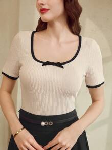 Vintamour Vintage Classic Elegant Women Patchwork Bowknot Fitted Short Sleeve T-Shirt, Peach Color Summer For Women Vacation Woman Business Casual Woman Office For Women Church Women Work Women Brunch For Women Old Money Style Women Teacher For Women Tropical Vacation Woman Bow Summer Tops Going Out Tops Festival For Women Cute Summer Tops 1960s