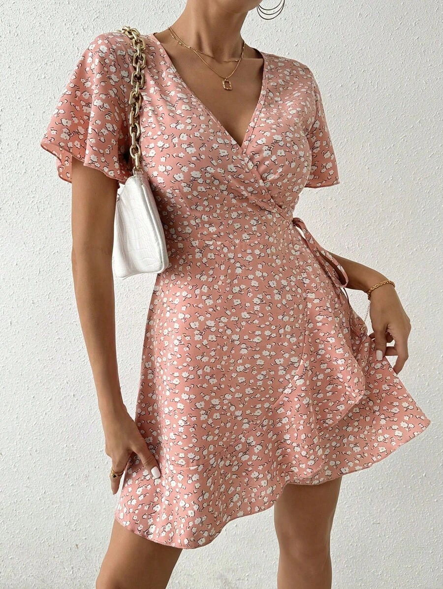 SHEIN Clasi 女士短袖 V 领简约休闲连衣裙，适合夏季 - 粉色 - 查看 1