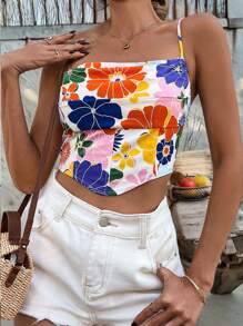 SHEIN VCAY Ladies White Floral Summer Boho Vacation Holiday Cami Top,Large Flower Print Multi-Layer Swing Collar Asymmetrical Hem Casual Cami Shirt For - Multicolor - View 4