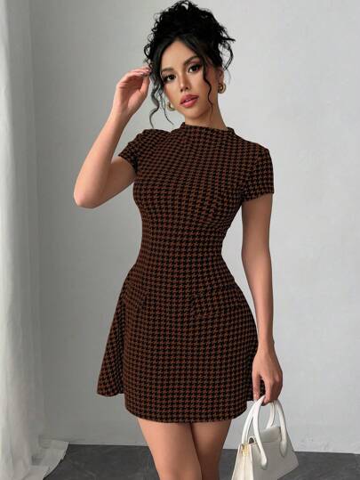 Selianne Slim Fit Cocktail Princess Dress With Short Sleeves And Waistline, Houndstooth Pattern Design, Cutout Details, Unique Style, Assorted Floral Prints