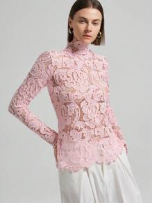 Ontre Women Elegant High Collar Lace Material Blouse Shirt Top, Sakura Pink