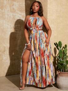 SHEIN SXY Vestido de verano de moda sencillo con escote de halter y calado para tallas grandes