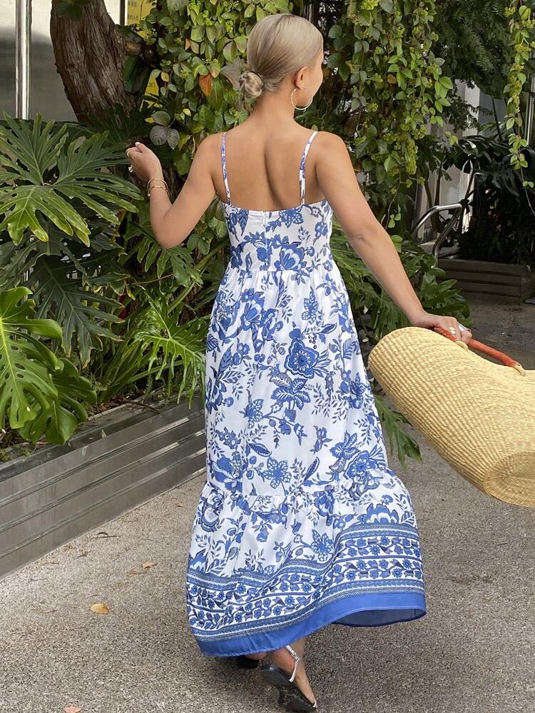 Blue & White Porcelain Print Sling Summer Dress, Hollow Casual Beach Long Dress For Women Floral Boho Maxi Dress