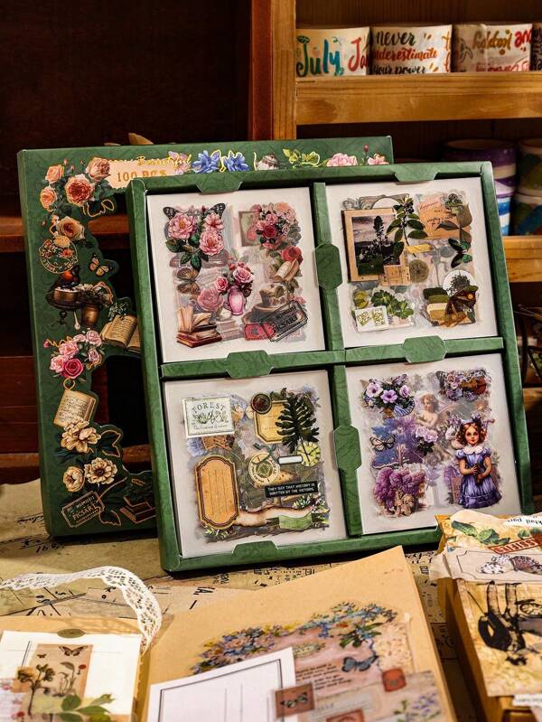 100pcs/Set Mixed Retro Floral, European Portraits And Objects Sticker Collection, Suitable For Journal, Scrapbook, Laptop, Water Bottles And Desk Decoration, With Pet Waterproof And Wear-Resistant Material